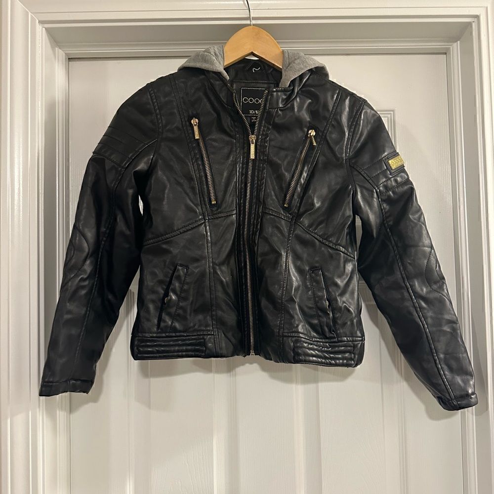 Kids Coogi jacket vegan leather moto hooded black size 10/12